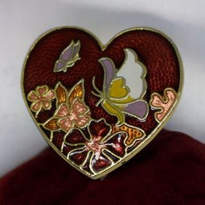 Vintage Gold Tone Enamel Cloisonne Butterfly Heart Brooch Pin